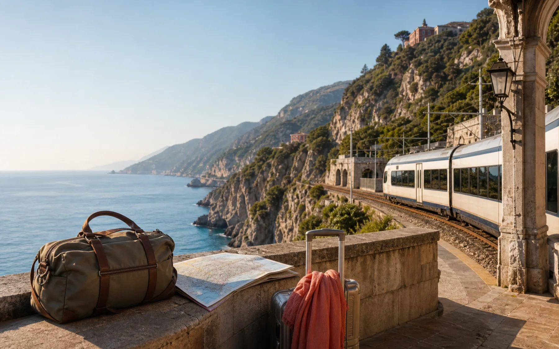 A train following a sunlit coastline beside travel bags and a folded map